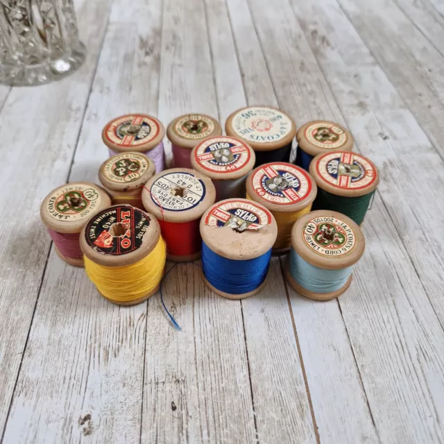 Set of Old Vintage Wooden Cotton Sewing Reels Threads Sylko Coats and More
