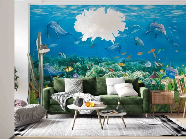 3D Underwater World Coral Dolphins Wall Murals Wallpaper Murals Wall Sticker