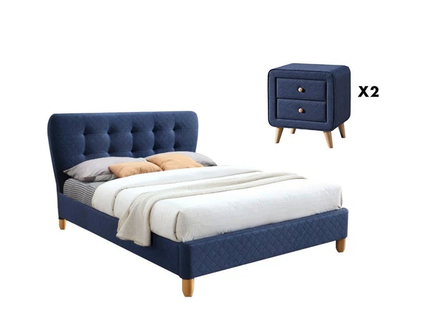Ensemble lit 140 x 190 cm + 2 tables de chevet - Tissu bleu - ELIDE