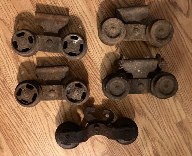 Antique Vtg Barn Door Track Rollers Wheels Cast Iron Hangers-2 pair and 1 single