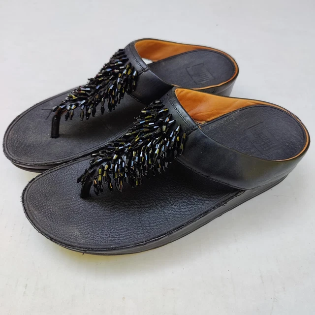 FitFlop Rumba Beaded Toe Thong Sandals Wedge Flip Flops Leather Lined Size 8