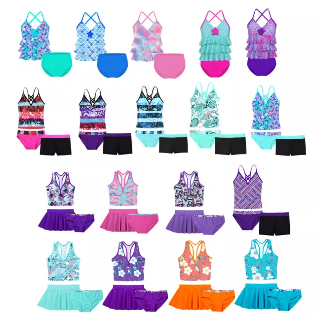 2PCS Kids Girls Tankini Swimsuit Bikini Tops+Bottoms Bathing Suits Swimwear Sets