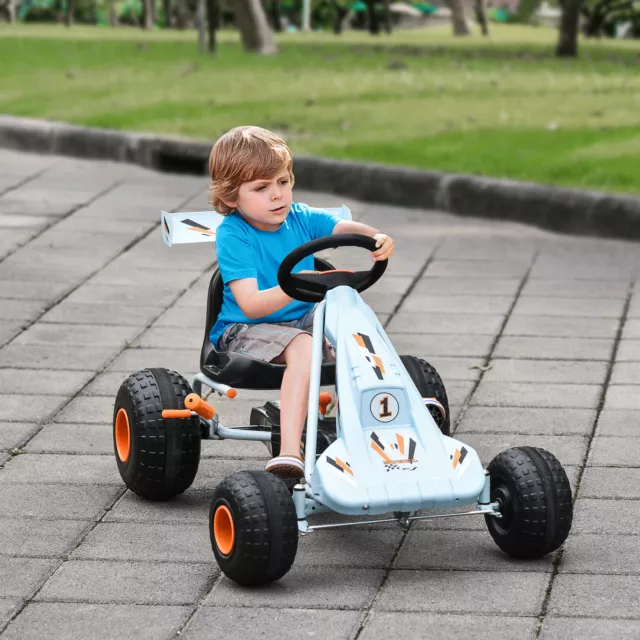 HOMCOM Kinderpedal Go Kart manuelles Auto mit Bremsrädern Lenkradsitz blau 2