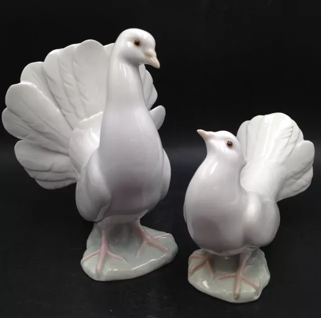 Lladro White Fantail Doves Pair Figurines #1016 Porcelain Large 8 Inch Vintage