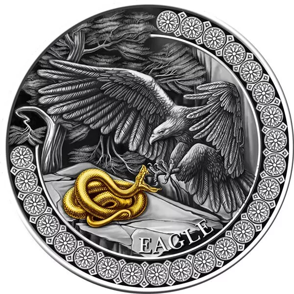 Eagle Hunting in the Wild 50g Antique finish Silver Coin Republic of Ghana 2023