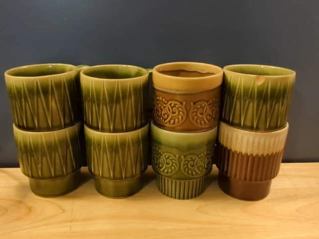 Vintage MCM Stackable Olive Green Brown Ceramic & Porcelain Coffee Mugs Set Of 8