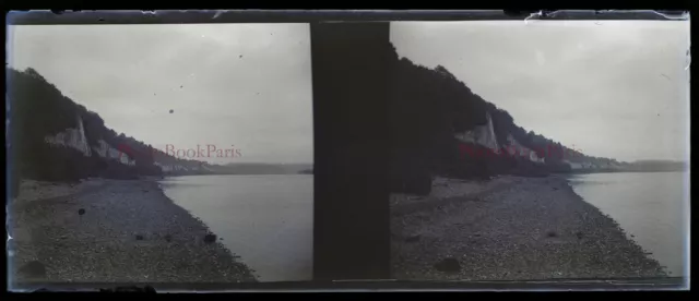 Paysage Bord de l’eau c1935 Photo NEGATIVE Plaque de verre Stereo Vintage V33L24