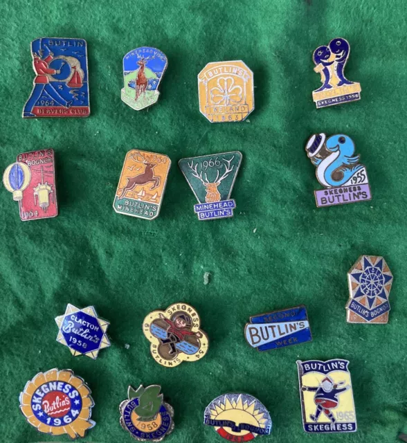 Job Lot Antique Butlins Pin Badges (16 No.) Minehead,Skegness,Ireland,Bognor