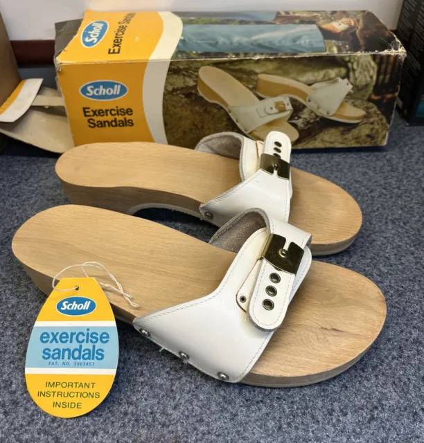 Vtg Dr Scholls Wooden Original White Leather Exercise Sandals Women's 6 with Box