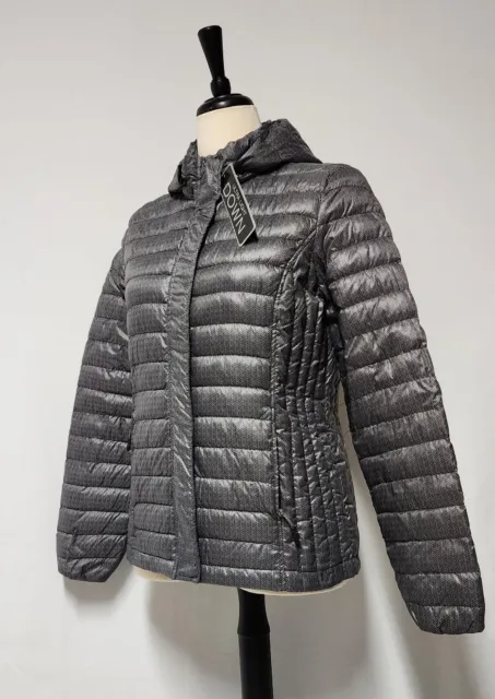 32 DEGREES Packable Hooded Down Puffer Coat, Size M Charcoal Pattern