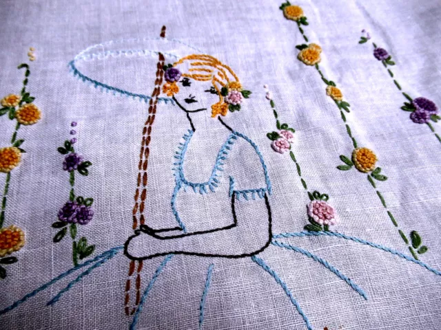 Vintage 42" Linen Table Runner Hand Embroidered Girl w Parasol Lace Trim