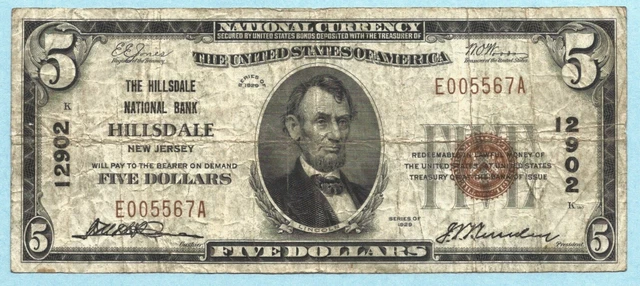 $5 National Currency 1929 - Type 1 - Ch#12902 - Hillsdale NB, Hillsdale, NJ - VF