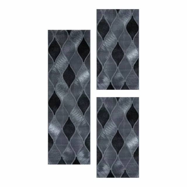 Chambre à Coucher à Poils Ras Tapis Set Ronde Grille Design 3 Pièces Noir