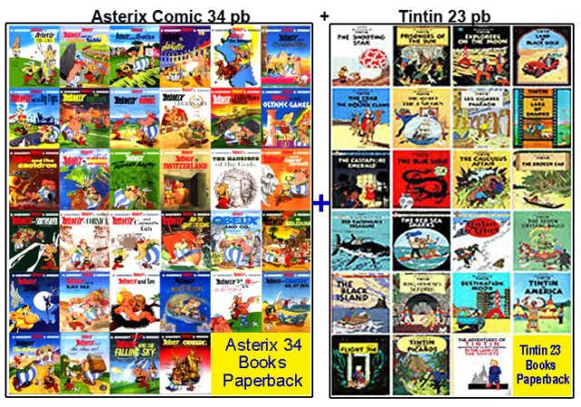 Asterix 34 Books Box Set + Tintin 23  Comics Books Collection, Big Size PBs, NEW