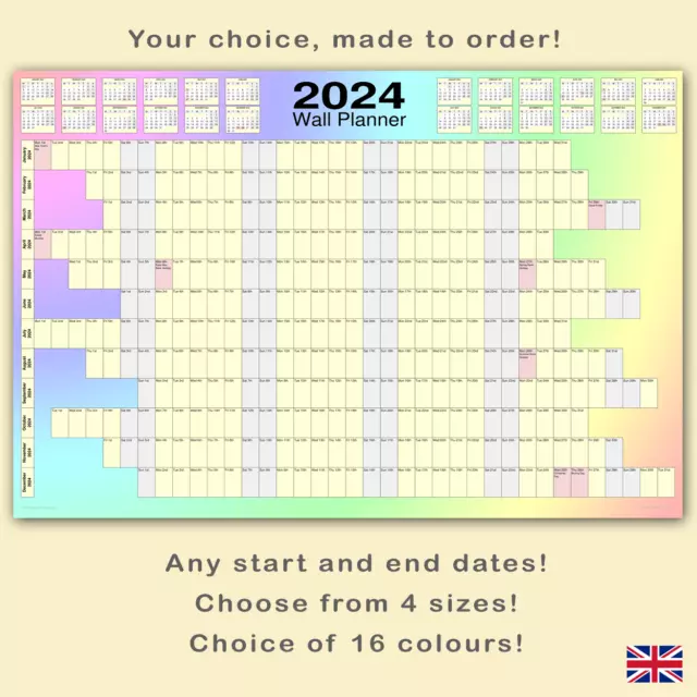 Custom wall planner calendar ANY start & end dates. 16 colours, 4 sizes [Type D]