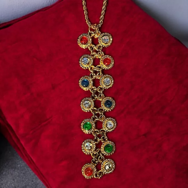 Collier pendentif en Y vintage, signé Christian Dior, cabochons multicolores