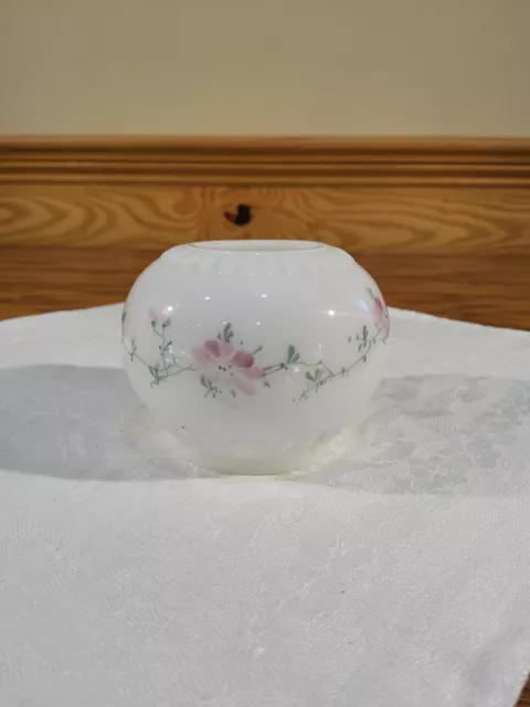 Miniature Milk Glass Oil Lamp Embossed Rim Hand Painted Pink Flowers Ball Shade