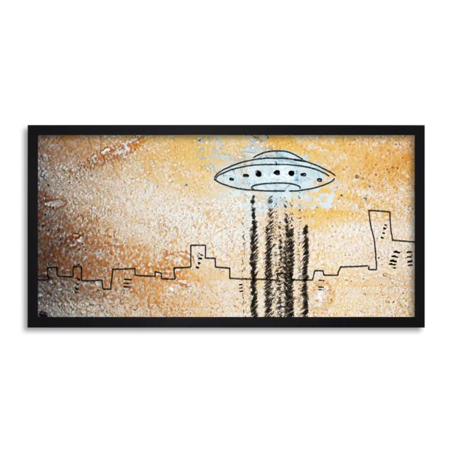 UFO Flying Saucer City Abstract Illustration Long Framed Wall Art 25X12 In