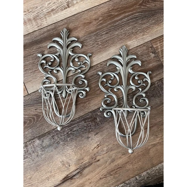 Set of 2, Wall Mount Sconce Candle Holder, Planter Cage, Floral Pocket, Vintage