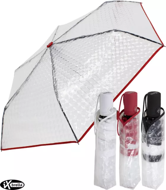 Regenschirm Damen Taschenschirm transparent durchsichtig Automatik farbige Borte