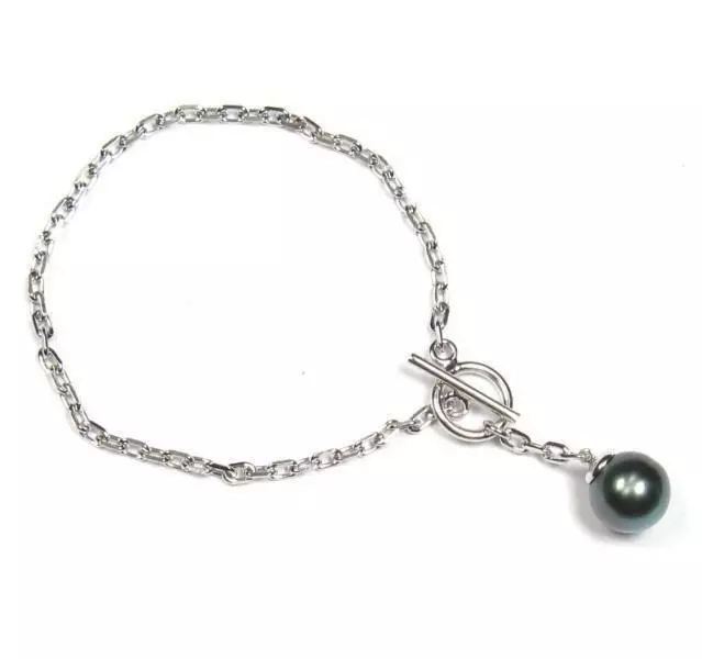 7" Sterling Silver 10-11mm Tahitian Black Pearl Chain Bracelet