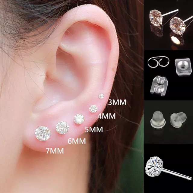 Women Men Genuine 925 Solid Sterling Silver Plated Cubic Zirconia Stud Earrings