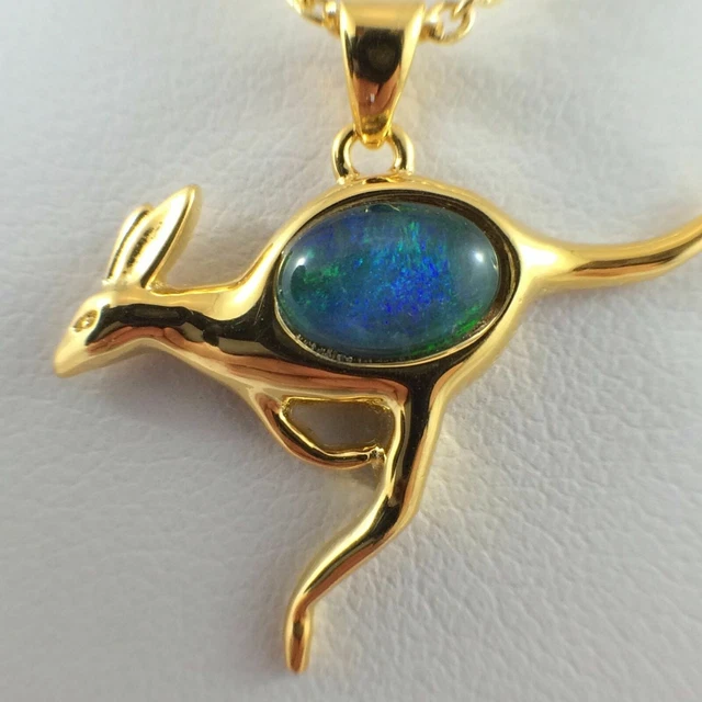 Collier d'Opale Triplet Kangourou Australien Double Pendentif Plaqué Or 18...