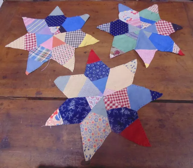 Three Old Hand Stitched Quilt Block Stars Cotton Calico Print Textile Blue Red