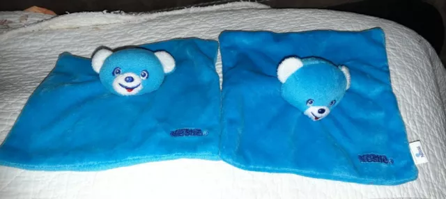 🐻🐻🐻 Doudou Bleu Ours Nestlé Lot De 2 petits doudous plats 17 cm