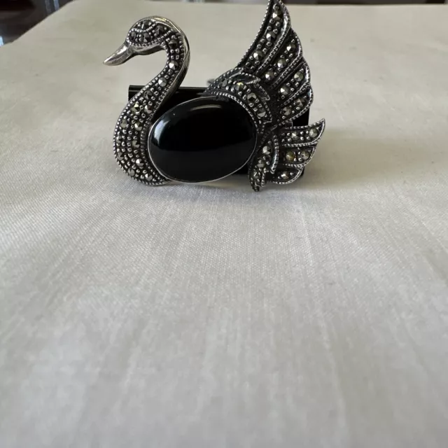 Vintage Sterling Silver Swan Brooch with black Onyx Belly and Marcasite detail.