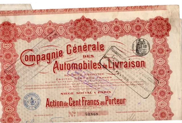 COMPAGNIE GÉNÉRALE DES AUTOMOBILES de LIVRAISON 1915 ACTION OBLIGATION BOND