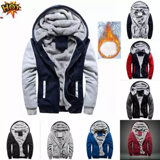 Winter Mens Warm Thick Coat Fleece Fur Lined Jacket Hoodie Zip Up Sweatshirt Top