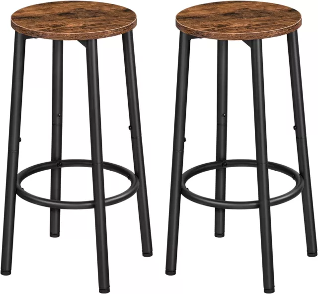 2 x Industrial Rustic Brown Round Wooden Bar Pub Kitchen Stools Chairs Seats