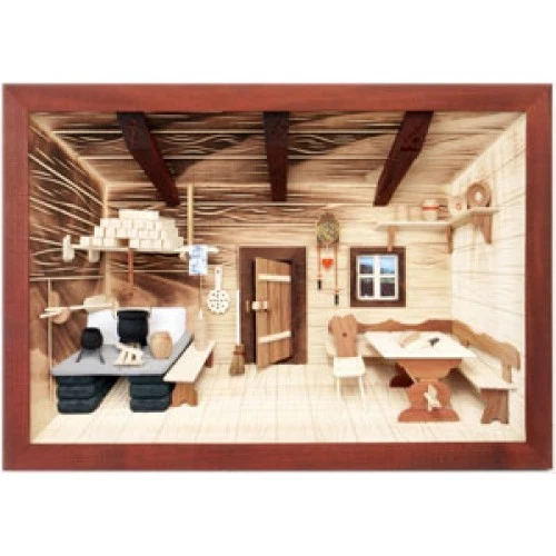 GERMAN 3D WOODEN Shadow Box Picture Diorama Old Fashioned Farm Kitchen