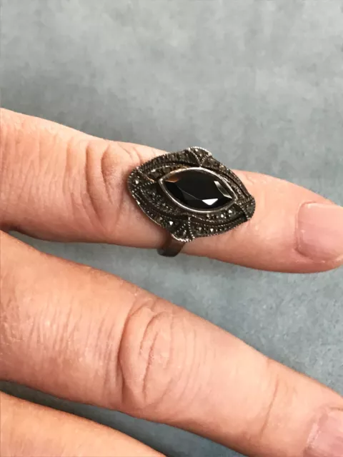 Judith Jack Sterling Silver Art Deco Style Onyx & Marcasite Ring Size 6