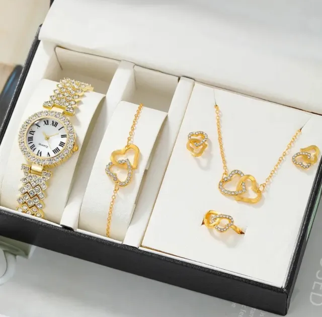 Armbanduhr Armkette Modeschmuck Set Uhren Damen Mädchen Strass Gold Geschenk