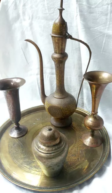 5 Large Pieces Vintage Arabic, Persian, Islamic Brass. Teapot/Urn/Tray/2 Vases.