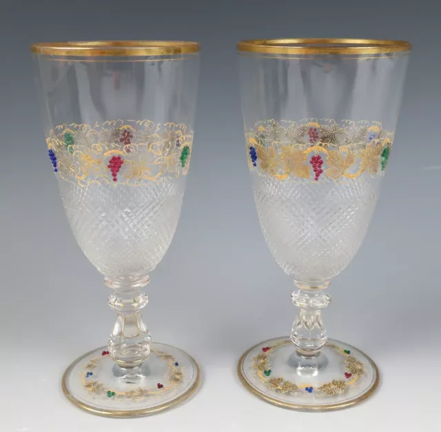 Pair Antique Enameled & Applied Grapes Cut Glass Wine Cocktail Stem Bohemian