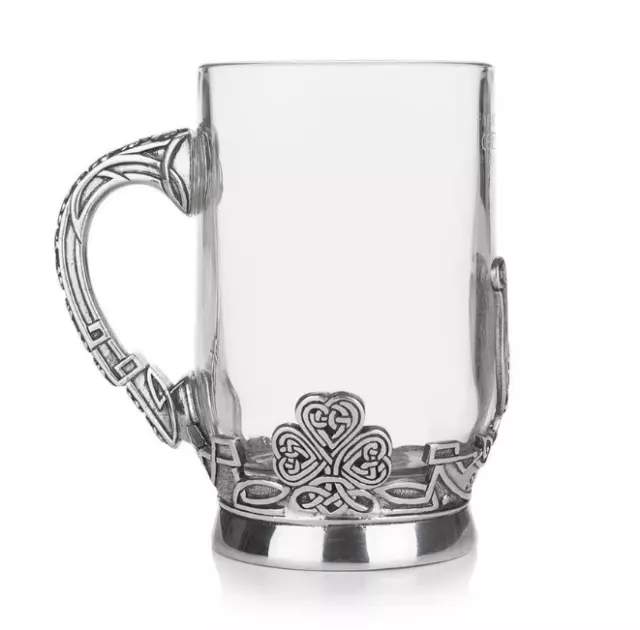 Stunning Pewte Irish Glass Pint Tankard With Celtic Knot Clover And Harp Design