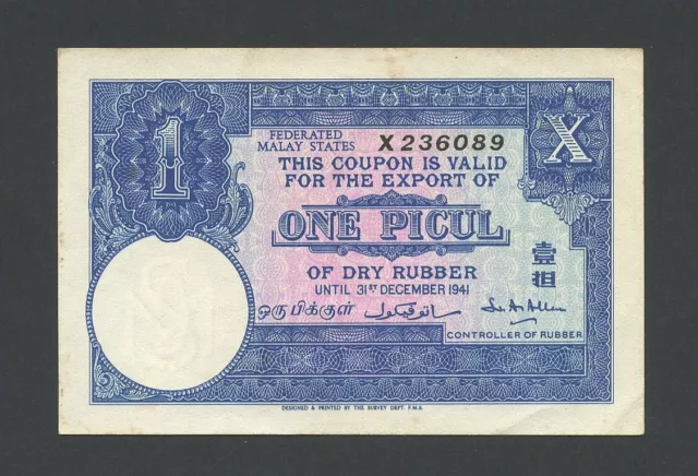 MALAYA 1 picul 1941 Johore Rubber Coupon EF Banknotes