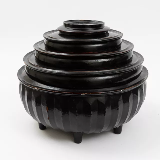 Antique Hsun Kwet Burmese Black Lacquer Offering Bowl Set 12.5" T x 15.5" Diam