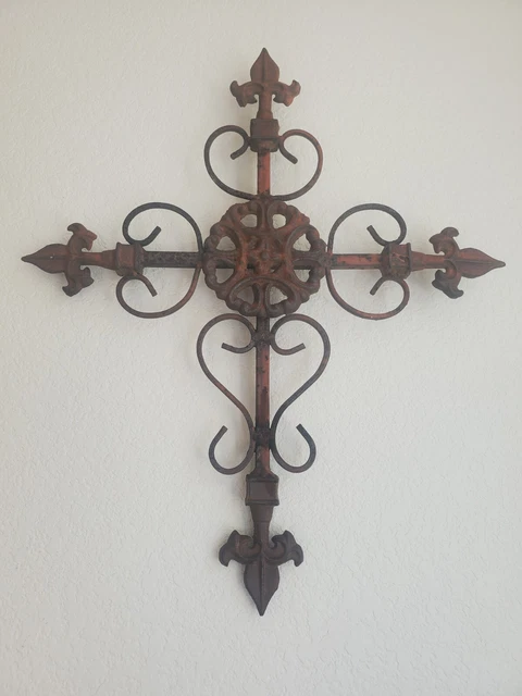 Gothic Wall Cross Metal Red Black Medieval Fleur De Lis Outdoor Garden Patio 19"
