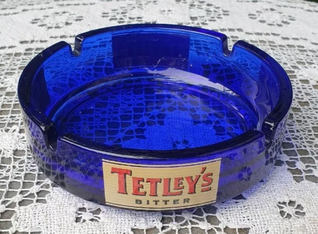 Tetley's Bitter Ale Beer Cobalt Blue Glass ashtray Tetley Made In France