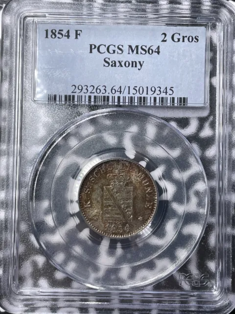 1854-F Germany Saxony 2 Groschen PCGS MS64 Lot#G6215 Silver! Beautiful Toning!