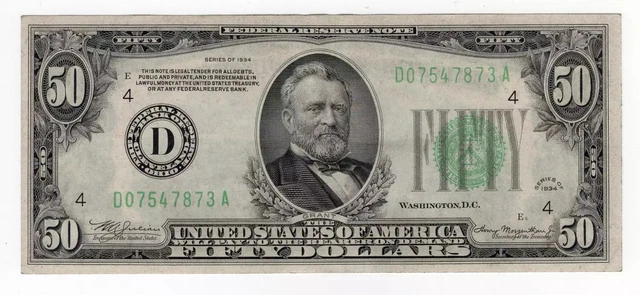 Series 1934 Dark Green Seal $50 Cleveland, OH Federal Reserve Note Very Nice