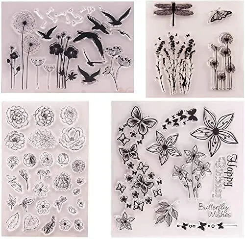 Set di 4 timbri in silicone per fiori e foglie, con uccellini, dente di (I7t)
