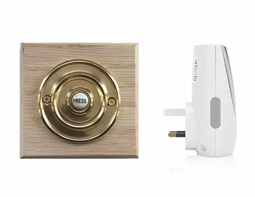 Byron Wireless Plug in Doorbell Kit with Period Style Brass Bell Push on a 110mm