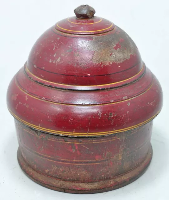 Ancien en Bois Rond Grand Rangement Boîte Original Main Crafted Laque Peint