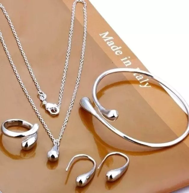 925 Silver Filled Water Teardrop Bangle Bracelet Necklace Earrings Ring Set