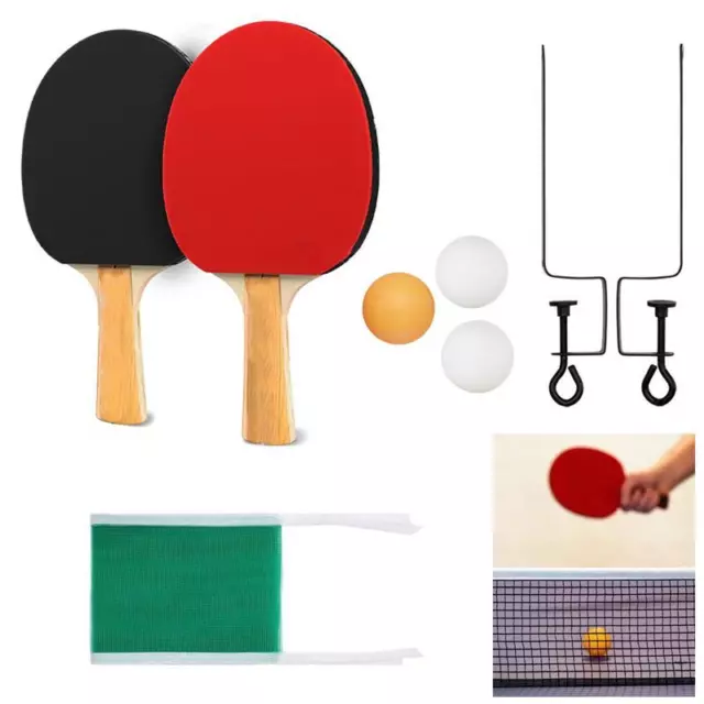 Set Ping Pong Racchette + Rete Con Morsetti + 3 Palline Gioco Tennis Da Tavolo